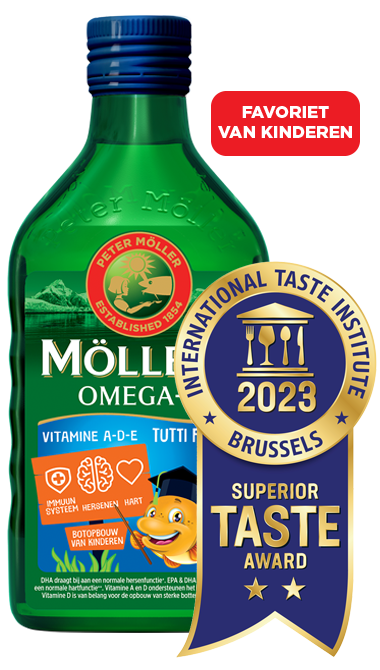 Möller's omega-3 vloeibaar, smaak tutti frutti. Dé favoriet van kinderen.